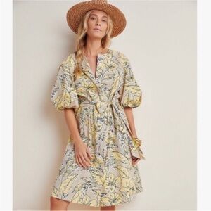 Anthropologie Yellow Floral Midi Dress Puff Sleeve XSP petite